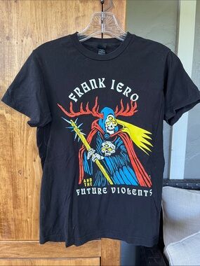 Frank Iero Black Graphic Band Tee - Yellow, Red & Blue Print small